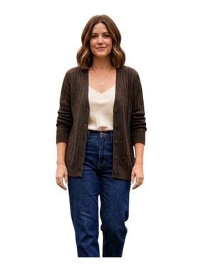 Lands End Womens VNeck Cardigan Sz L Brown Cable Knit Grandma Cabincore Heritage